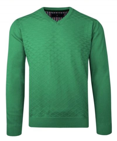 Sweter Zielony w Serek, Bawełniany, Tłoczony Wzór, V-neck, Męski -BARTEX