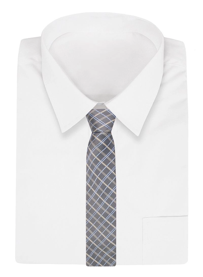 Szaro-Beżowo-Niebieski Elegancki Męski Krawat -ALTIES- 7cm, Stylowy, Klasyczny, w Kratkę