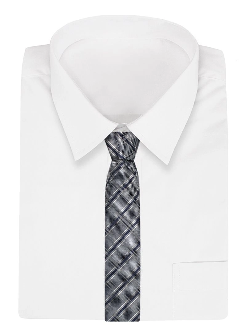 Szaro-Granatowy Męski Krawat -Chattier- 7,5cm, Klasyczny, Elegancki, w Kratkę, Modny