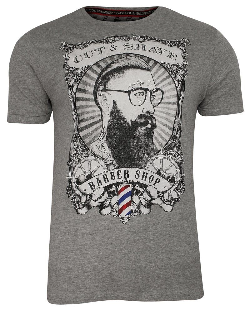 Szary Bawełniany T-Shirt Męski -Brave Soul- Koszulka, Krótki Rękaw, Barber, Brodacz, Fryzjer