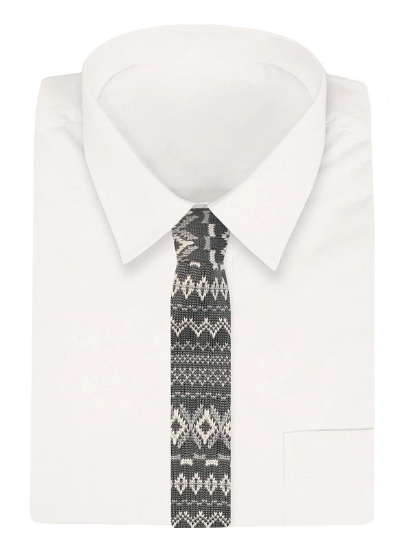 Szary Dziergany, Męski Krawat Knit, 5,5 cm -Alties- w Biały Wzór Norweski, Świąteczny