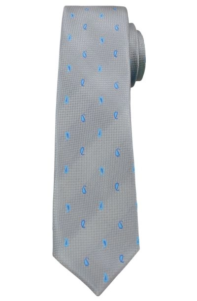 Szary Elegancki Krawat -Angelo di Monti- 6 cm, Męski, Błękitny Wzór Paisley, Nerka