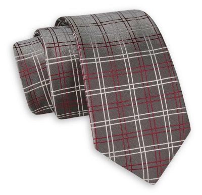 Szary Elegancki Krawat -Angelo di Monti- 6 cm, Męski, w Grubą Czerwono-Białą Kratkę