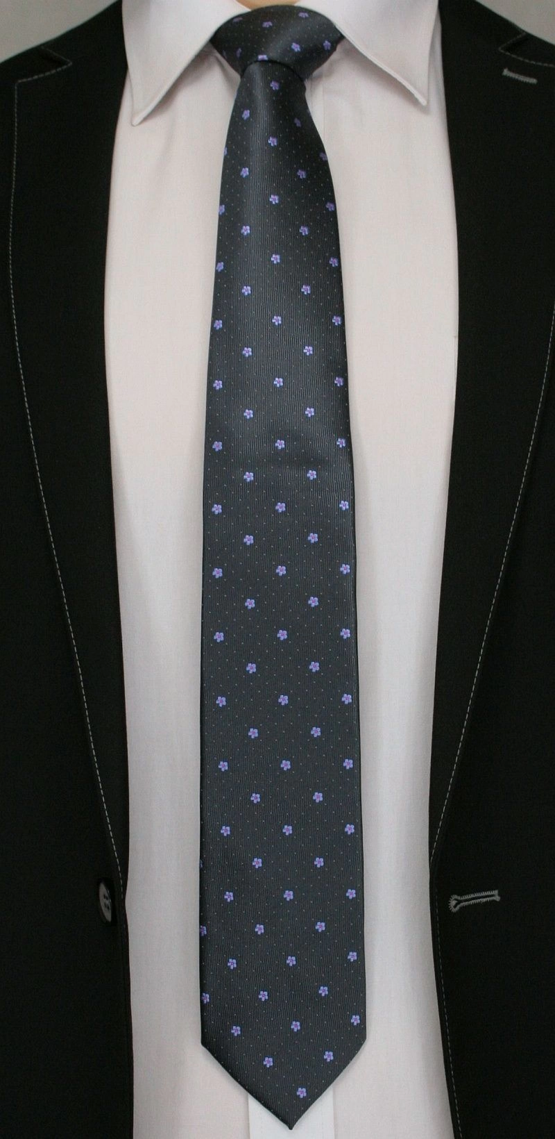 Szary Elegancki Krawat -Angelo di Monti- 7 cm, Męski, Grafitowy, w Fioletowe Kwiatki
