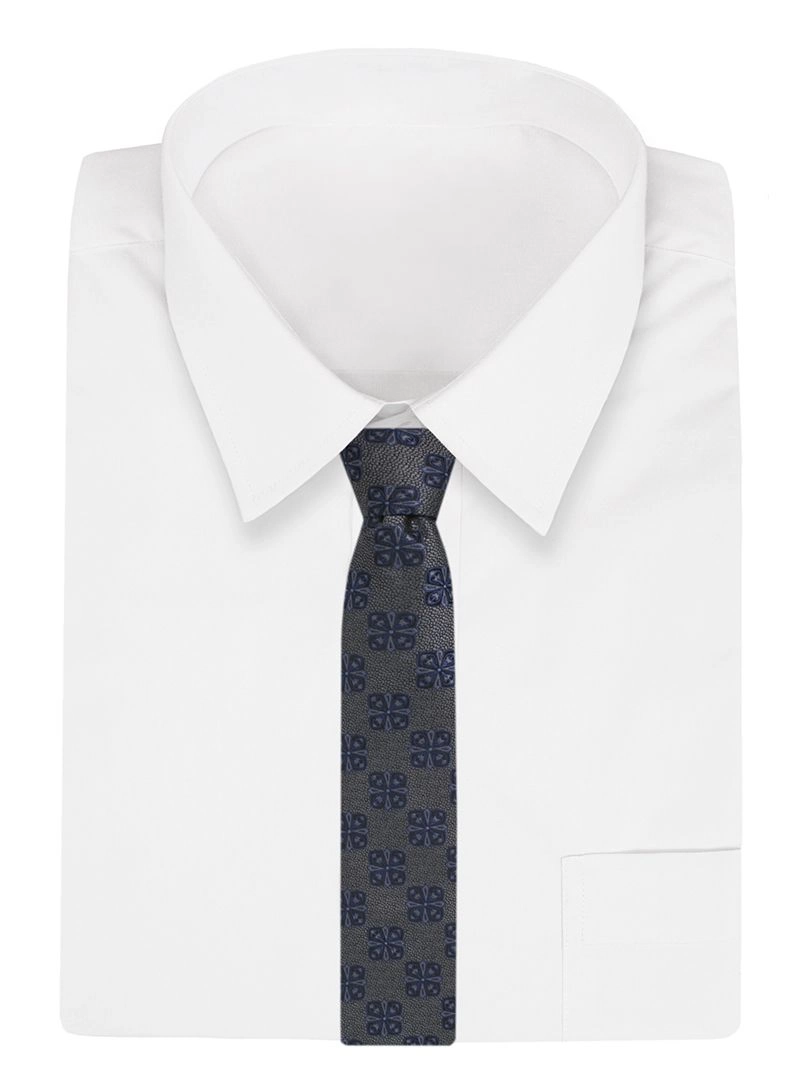 Szary Elegancki Męski Krawat -ALTIES- 7cm, Stylowy, Klasyczny, w Niebieski Wzór Geometryczny