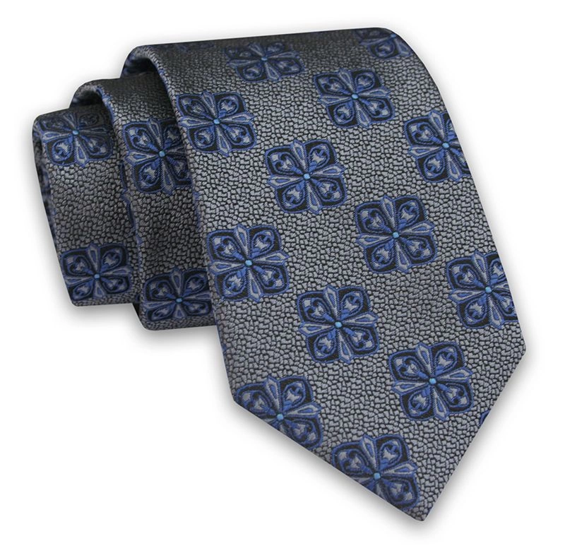 Szary Elegancki Męski Krawat -ALTIES- 7cm, Stylowy, Klasyczny, w Niebieski Wzór Geometryczny
