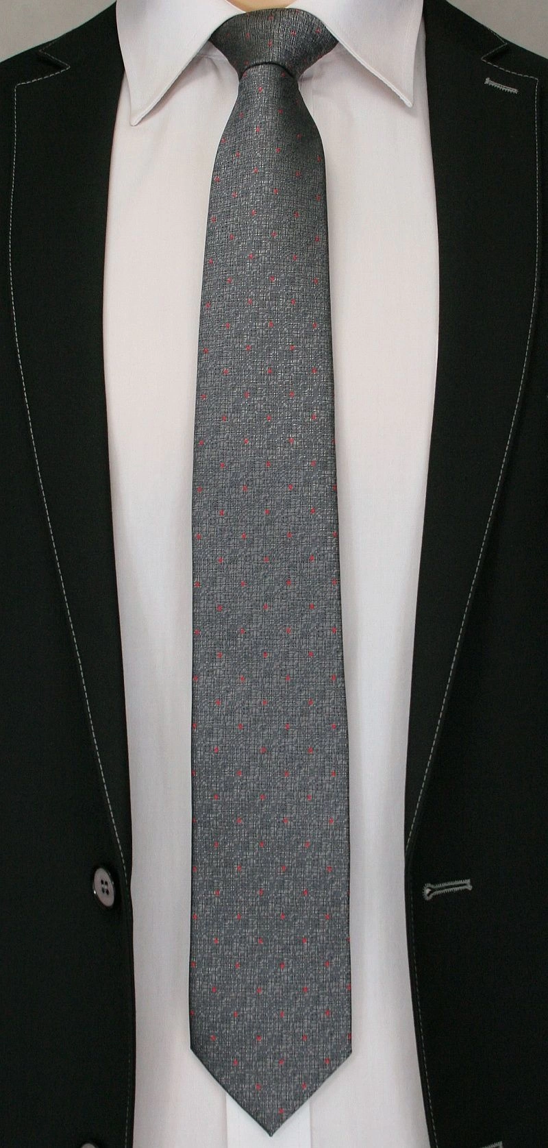 Szary Elegancki Męski Krawat -Angelo di Monti- 7 cm, Melanż, w Czerwone Kropki