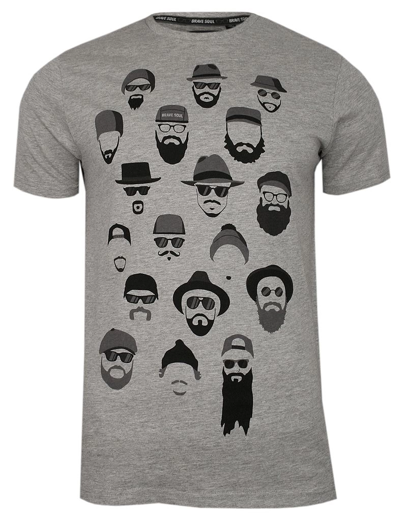 Szary T-Shirt (Koszulka) z Nadrukiem -BRAVE SOUL- Męski, Okrągły Dekolt, Twarze, Brodacz, Barber
