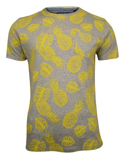 Szary T-Shirt (Koszulka) z Nadrukiem -Brave Soul- Męski, w Żółte Ananasy, Owoce, z Kieszonką