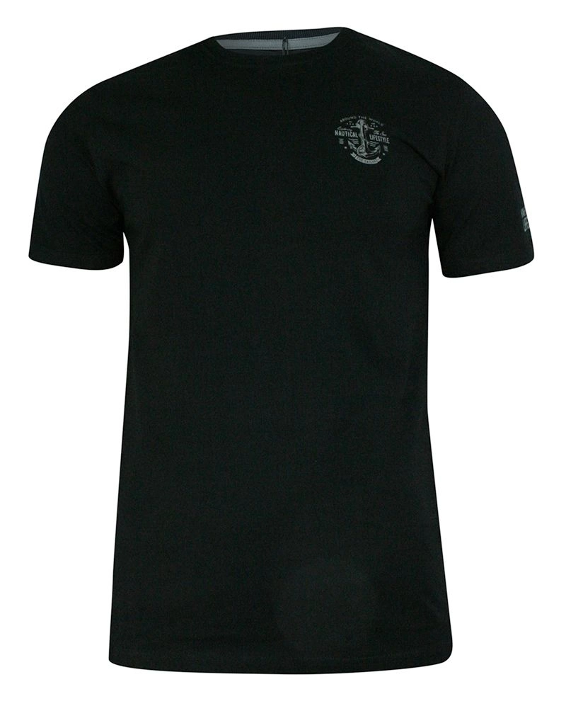 T-shirt Bawełniany, Czarny z Nadrukiem, Kotwica, Marinistyczny Krótki Rękaw, U-neck -PAKO JEANS