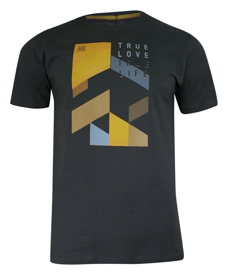 T-shirt Bawełniany, Grafitowy z Nadrukiem Geometrycznym, Męski, Krótki Rękaw, U-neck -PAKO JEANS