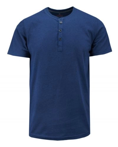 T-shirt Bawełniany, Niebieski bez Nadruku, Krótki Rękaw, Dekolt z Guzikami -BASTION