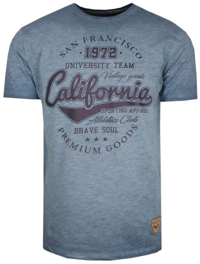 T-Shirt Bawełniany Niebieski z Nadrukiem, Styl Vintage, CALIFORNIA, Okrągły Dekolt -BRAVE SOUL