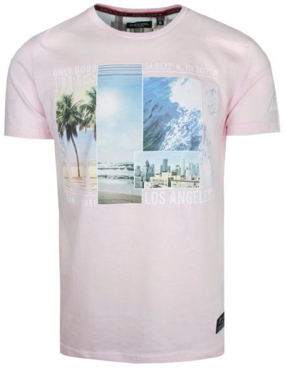 T-Shirt Bawełniany Różowy z Nadrukiem, LOS ANGELES, Okrągły Dekolt -BRAVE SOUL