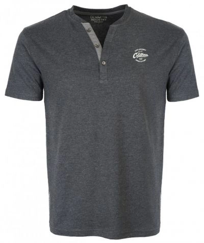 T-shirt Bawełniany Szary z Guzikami, z Krótkim Rękawem, Męski z Nadrukiem, U-neck -PAKO JEANS