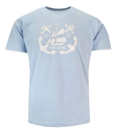 T-shirt Bawełniany z Krótkim Rękawem, Błękitny Męski z Nadrukiem, U-neck -PAKO JEANS
