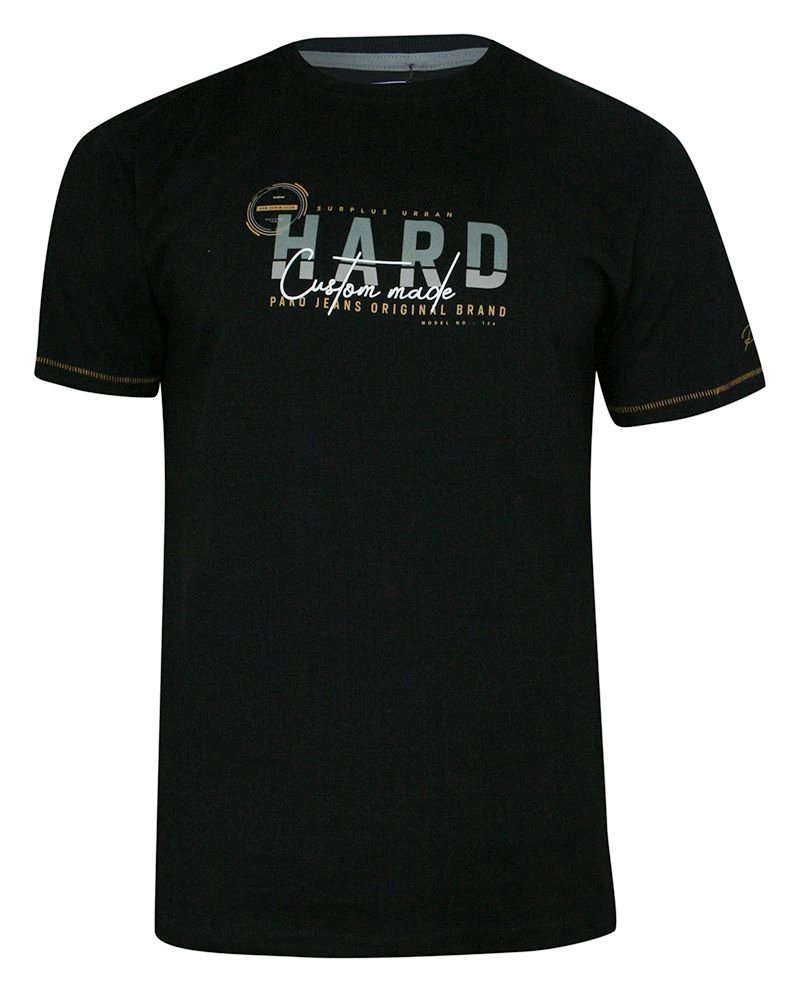 T-shirt Bawełniany, z Nadrukiem HARD, Czarny, Męski, Krótki Rękaw, U-neck -PAKO JEANS