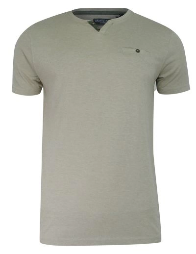 T-shirt Beżowy, Dekolt z Guzikami V-neck, Koszulka z Kieszonką -BRAVE SOUL
