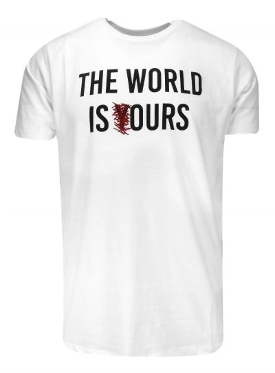 T-Shirt Biały z Nadrukiem THE WORLD IS OURS, Okrągły Dekolt -BRAVE SOUL
