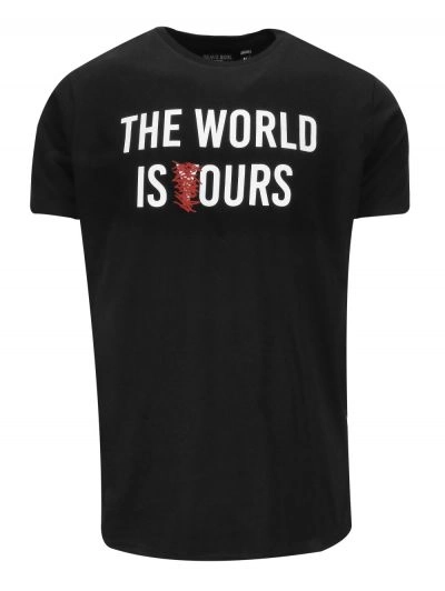 T-Shirt Czarny z Nadrukiem THE WORLD IS OURS, Okrągły Dekolt -BRAVE SOUL