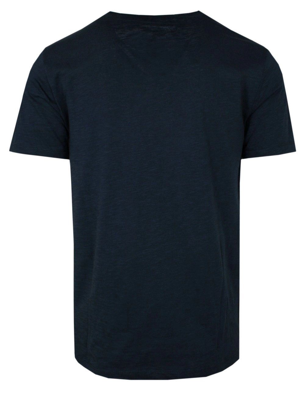 T-Shirt Granatowo-Chabrowy w Pasy, z Kieszonką, Męski, Koszulka, Krótki Rękaw, U-neck
