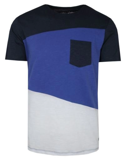 T-Shirt Granatowo-Chabrowy w Pasy, z Kieszonką, Męski, Koszulka, Krótki Rękaw, U-neck