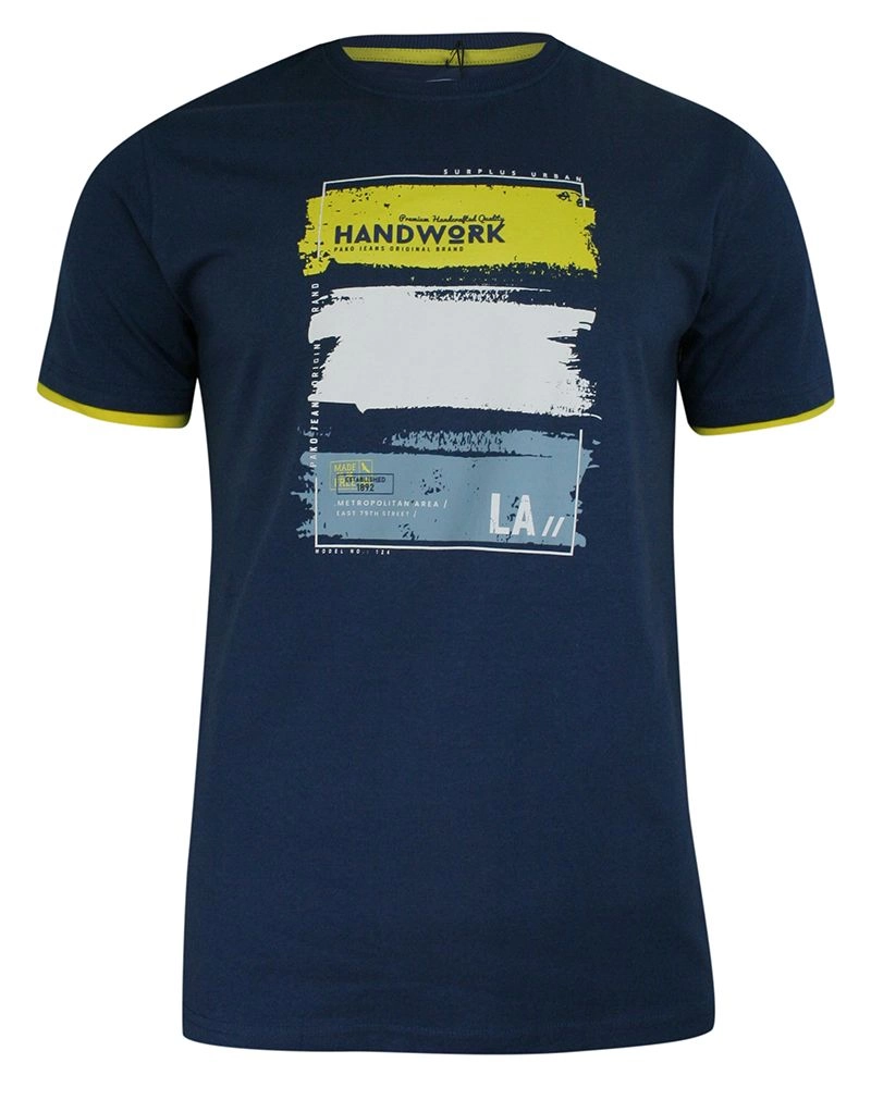 T-shirt Granatowy Bawełniany, z Nadrukiem, Męski, Krótki Rękaw, U-neck -PAKO JEANS