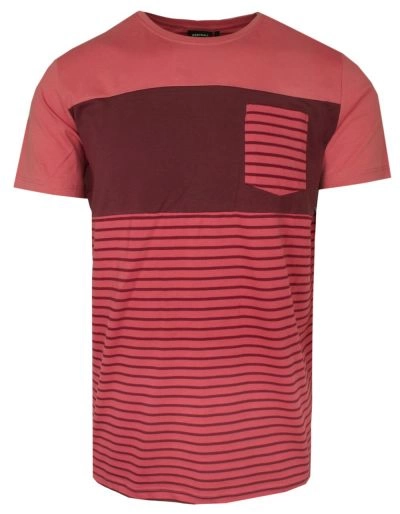 T-Shirt Koralowy w Paski, z Kieszonką, Męski, Koszulka, Krótki Rękaw, U-neck