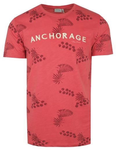 T-Shirt Koralowy z Nadrukiem w Listki, Męski, Koszulka, Krótki Rękaw, U-neck