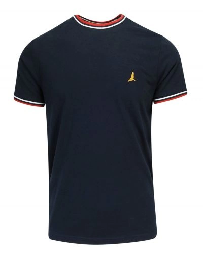 T-Shirt (Koszulka) Granatowy z Lamówkami, Logo-Ptak, Okrągły Dekolt -BRAVE SOUL