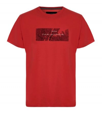 T-shirt Męski Czerwony z Napisami, z Nadrukiem, Bawełniany, Krótki Rękaw -QUICKSIDE