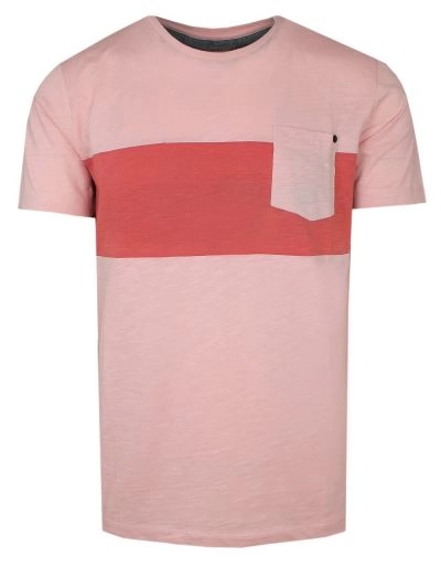 T-Shirt Różowy w Pasy, z Kieszonką, Męski, Koszulka, Krótki Rękaw, U-neck