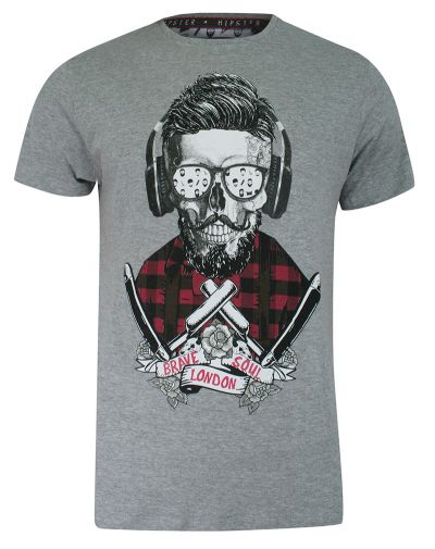 T-shirt Szary Bawełniany, z Nadrukiem, Hipster, Barber w Okularach, Krótki Rękaw, Męski -BRAVE SOUL