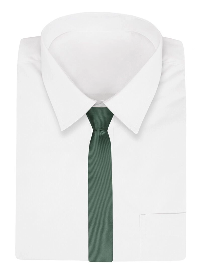 Wąski Krawat, Butelkowy, Zielony Śledź Męski, 5 cm, w Drobny Prążek, Jednokolorowy -Angelo di Monti