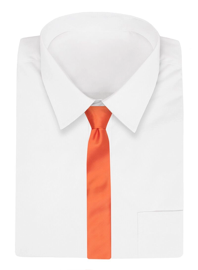 Wąski Krawat, Ciemny Pomarańczowy Śledź Męski, 5 cm, w Drobny Prążek, Jednokolorowy -Angelo di Monti