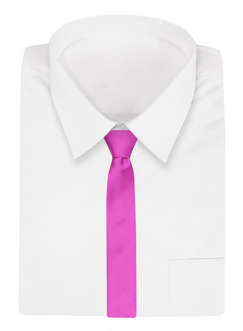 Wąski Krawat, Różowy, Fuksjowy Śledź Męski, 5 cm, w Drobny Prążek, Jednokolorowy -Angelo di Monti