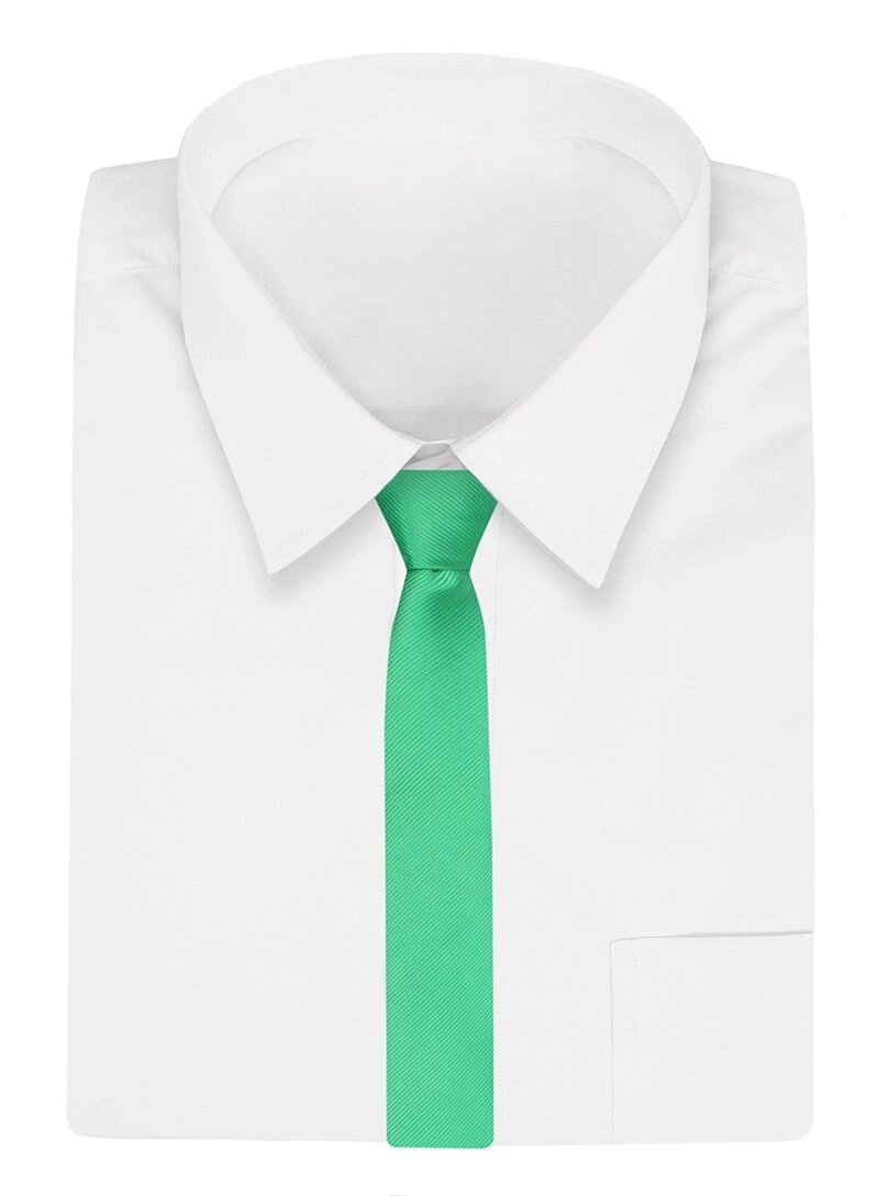 Wąski Krawat, Zielony, Trawiasty Śledź Męski, 5 cm, w Drobny Prążek, Jednokolorowy -Angelo di Monti