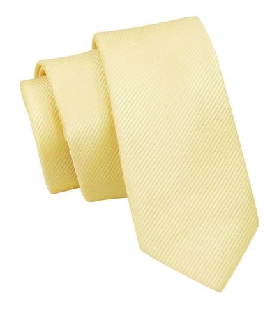 Wąski Krawat Żółty, Kanarkowy, Śledź Męski, 5 cm, w Drobny Prążek, Jednokolorowy -Angelo di Monti