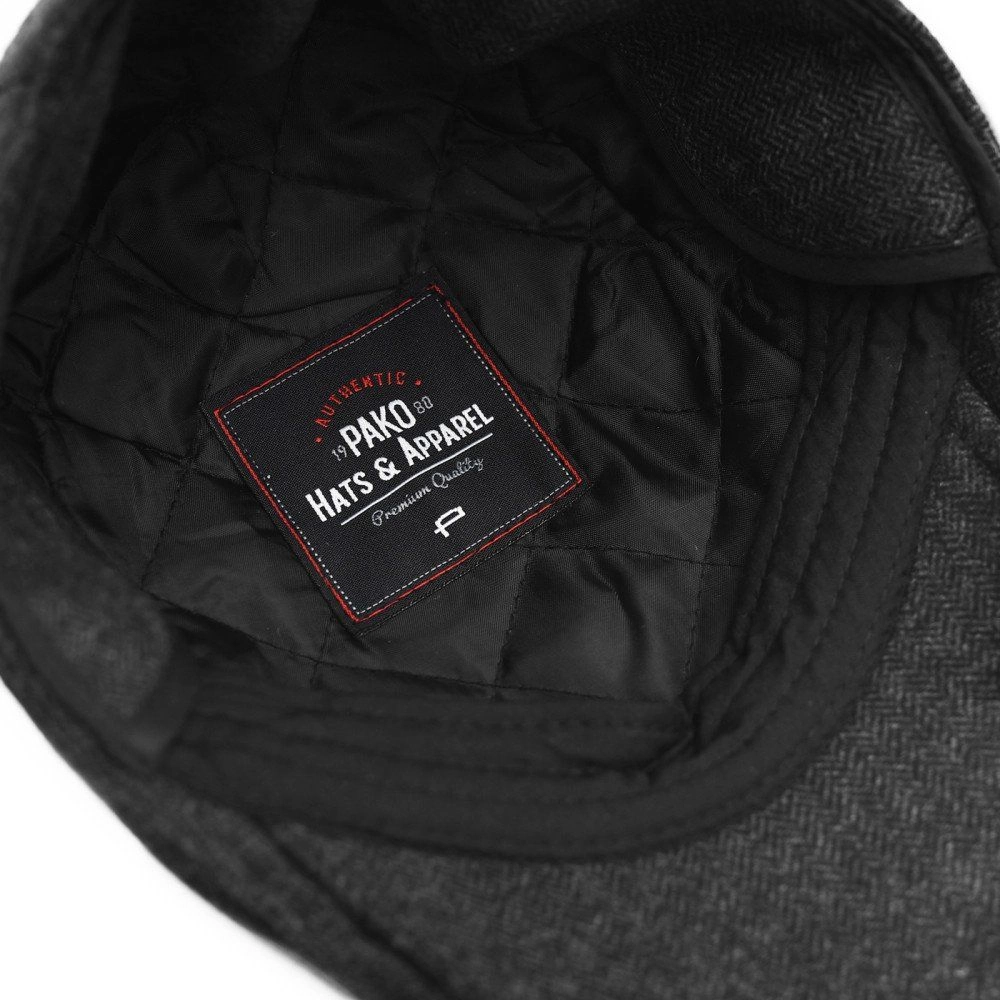 Wełniany, Ocieplony Kaszkiet z Nausznikami - Pako Jeans - Grafit w Jodełkę