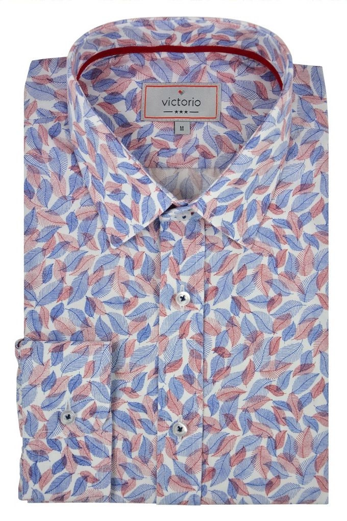 Wzorzysta Bawełniana Koszula w Kolorowe Listki z Długim Rękawem -VICTORIO- Geometryczny Wzór