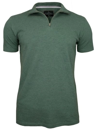 Zielona Koszulka na Stójce -100% BAWEŁNA- Chiao, Męska, Krótki Rękaw, na Zamek