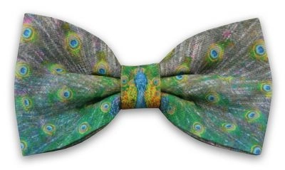 Zielono-Szara Elegancka Mucha -EM Men's Accessories- Męska, w Pawie Oczka, Paw, Motyw Zwierzęcy