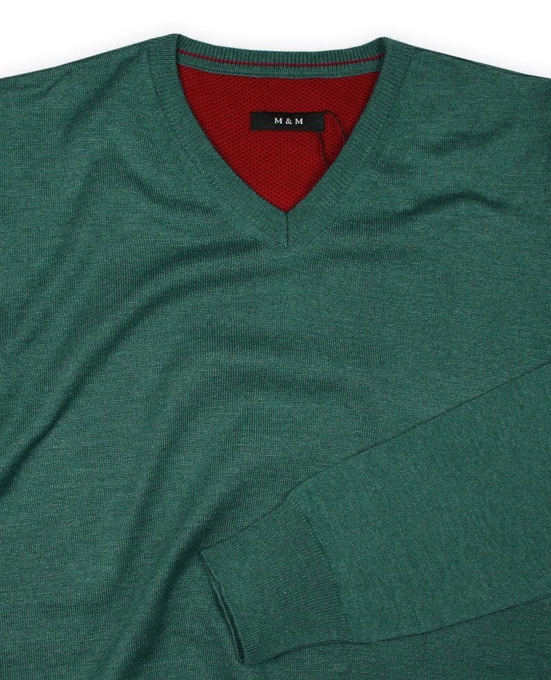Sweter Zielony Elegancki (V-neck) w Serek, Klasyczny, Butelkowa Zieleń, Męski