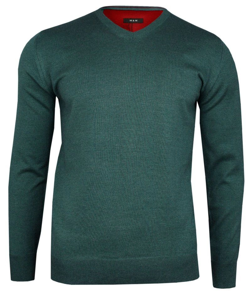 Sweter Zielony Elegancki (V-neck) w Serek, Klasyczny, Butelkowa Zieleń, Męski