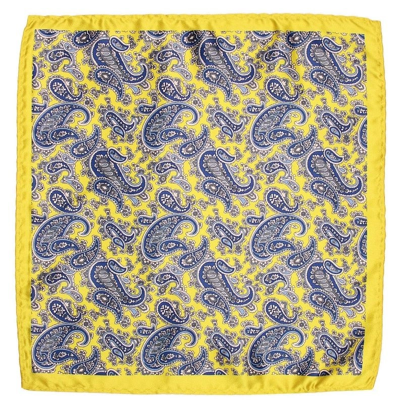 Żółta Elegancka Męska Poszetka w Granatowy Wzór Paisley -ALTIES- 24x24 cm, Łezki