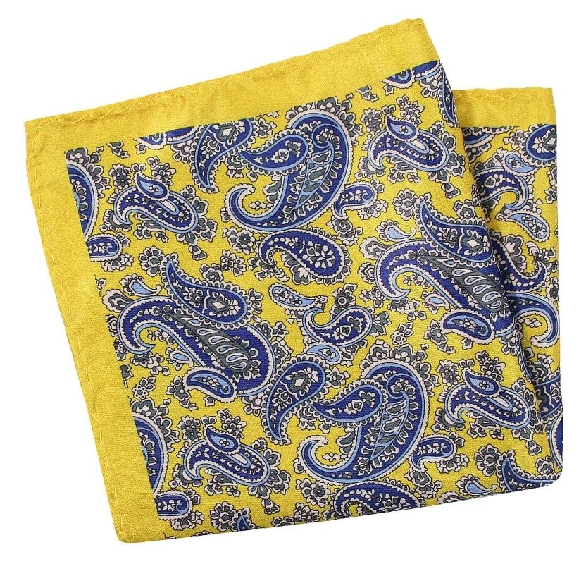 Żółta Elegancka Męska Poszetka w Granatowy Wzór Paisley -ALTIES- 24x24 cm, Łezki