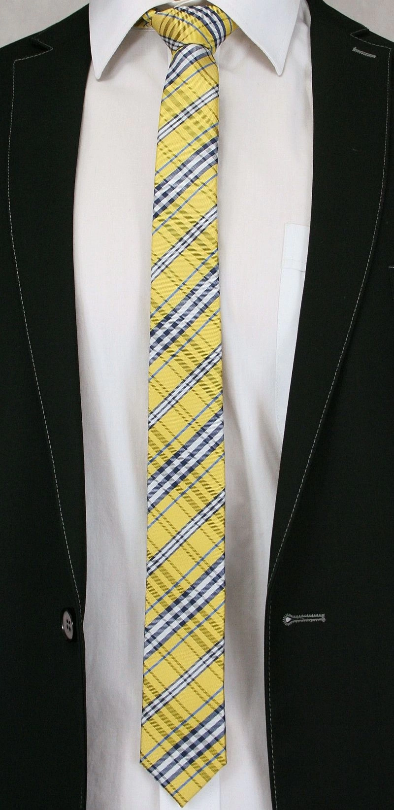 Żółty Stylowy Krawat (Śledź) Męski -ALTIES- 5 cm, Wąski, w Szkocką Kratkę